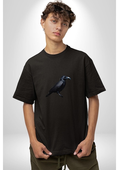 Siyah Karga Pamuklu Bisiklet Yaka Unisex Oversize Boyfriend Dijital Baskılı Siyah T-shirt Siyah