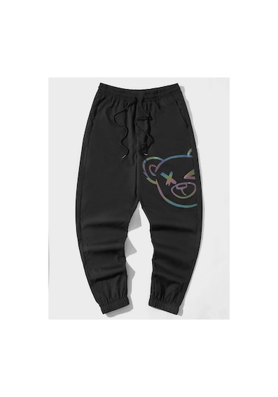 Tarzsokak Reflective Cartoon Graphic Drawstring Waist Pants Siyah
