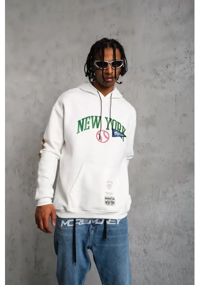 Veraura Lifestyle Erkek Baskılı Kapüşonlu Sweatshirt - Beyaz