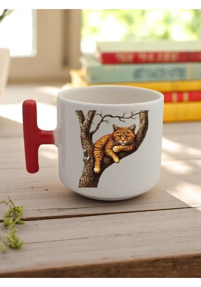 Ağaçta Kedi Baskılı 3'lü Kupa Bardak Hediyelik Seramik Kupa Beyaz