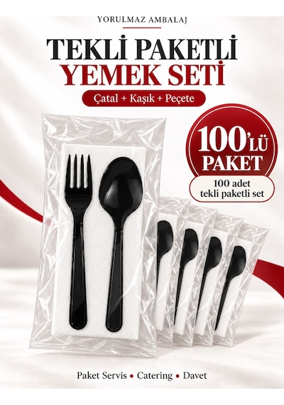 100 Adet Tekli Paketli Siyah Çatal Kaşık Peçete Yemek Seti Kullan At Paket Servis Ve Catering Seti