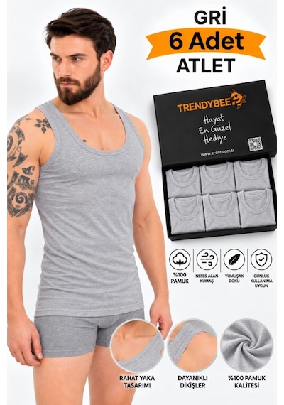 Trendybee Erkek Gri Atlet 6'lı Paket Premium Kutusunda %100 Pamuklu Erkek Rahat Yaka Günlük Kullanım