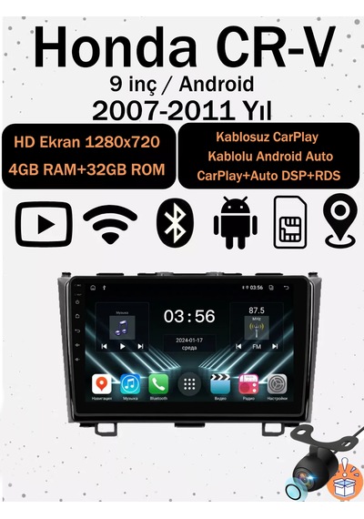 Honda Cr-v 2007-2011 Uyumlu 9 İnç Android Multimedya Ekran 4gb Ram 32gb Hafıza Kablosuz Carplay Android Auto 9"