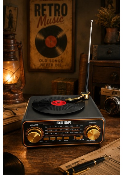 Meier Md-1320bt Siyah Nostaljik Görünümlü Bluetooth Hoparlör Ve 3 Bantlı Şarjlı Radyo