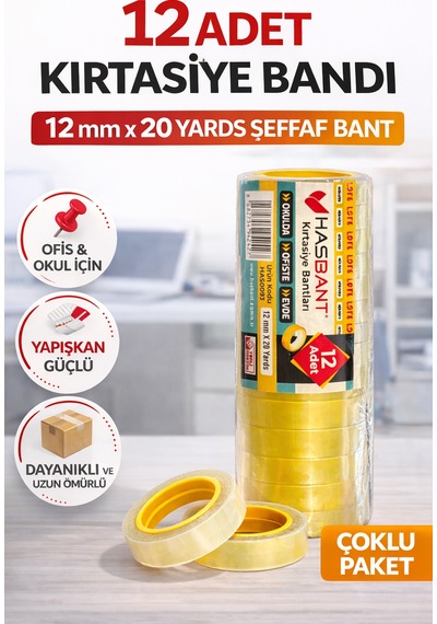 12 Adet Kırtasiye Bandı 12 Mm X 20 Yards Şeffaf Bant Ofis Okul Ev Kullanımı Dayanıklı Yapışkan Bant