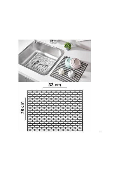 Lexroo Silikon Kaydırmaz Lavabo Paspası, Gri, 33x28 Cm, Delikli Tasarım