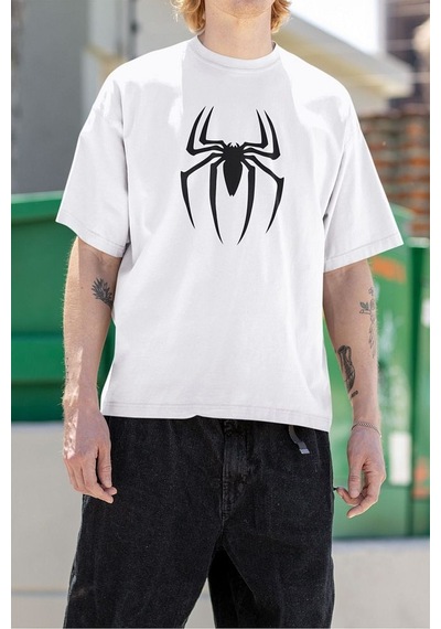Spider-man Logo Baskılı Tişört, Oversize Marvel Tişört Beyaz