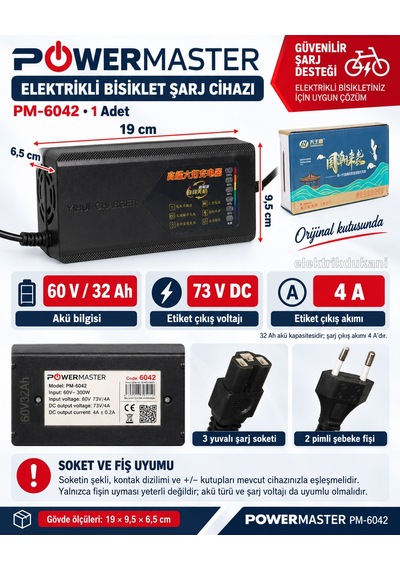Powermaster 60v 32a Elektrikli Motor Bisiklet Şarj Cihazı Aleti Adaptörü Fanlı T-tipi T Kafalı 60