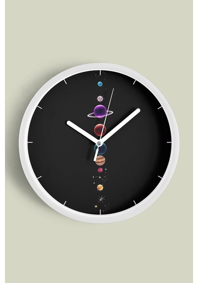 Gezegenler Modern Tasarım Duvar Saati - 42cm - Önü Camlı Beyaz Kasa - Sessiz Mekanizma Beyaz