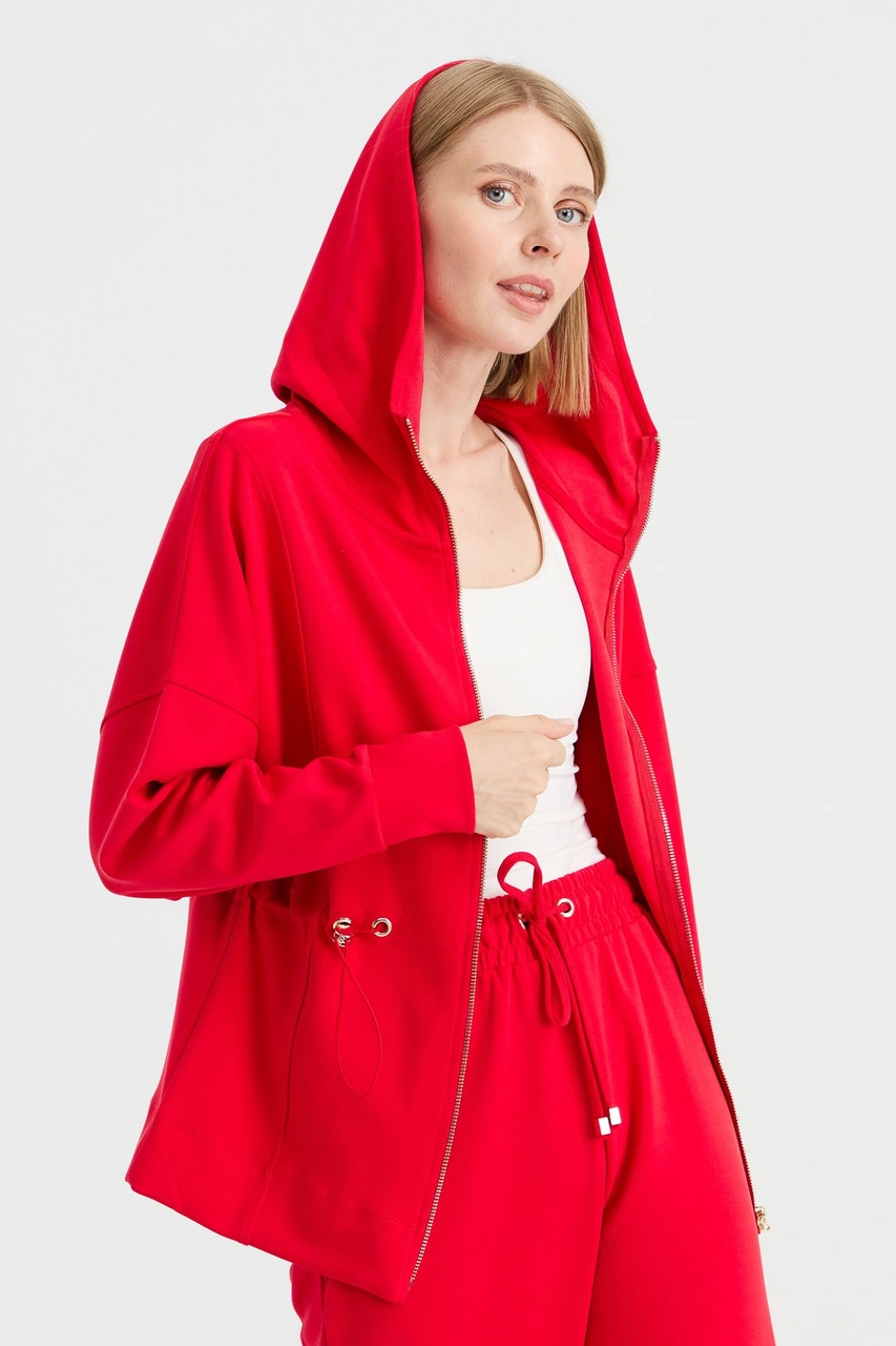 Kadın Kapüşonlu Beli Büzgülü Sweat Kırmızı Kırmızı