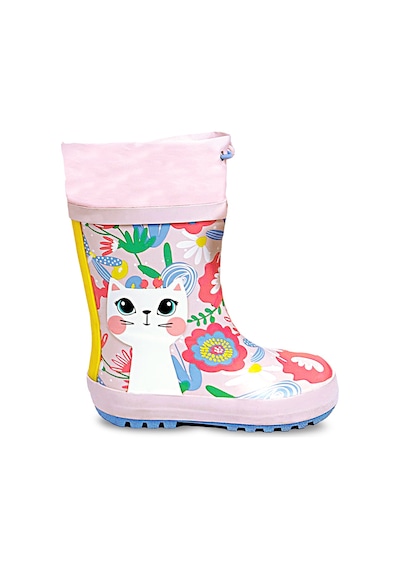 Denokids Kedi Çiçekli Kız Çocuk Pembe Yağmur Botu Renkli