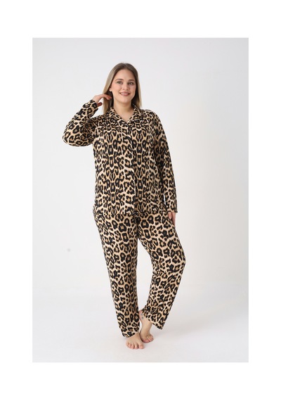 Estiva Kadın Kaplan Desenli Kahverengi Önden Düğmeli Soft Battal Pijama Takımı Çok renkli