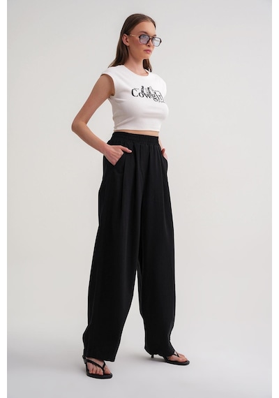 Mixray 4682 Kadın Beli Lastikli Jogger Bol Keten Pantolon Siyah