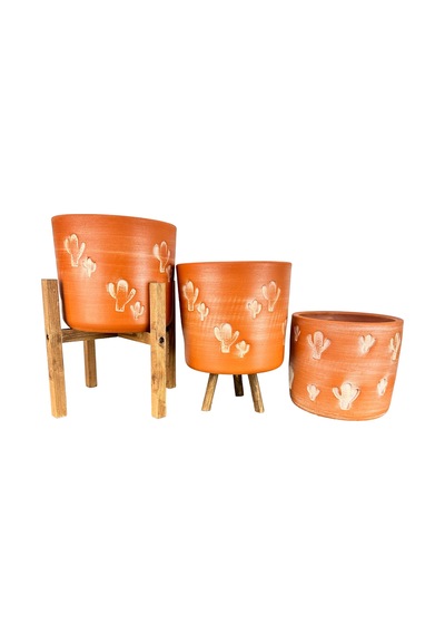 Bitki Tasarımı Ev Dekorasyon Aksesuar Kaktüs Desenli Toprak Saksı Saksılık Salon Çiçeklik Üçlü Set - 19 Cm