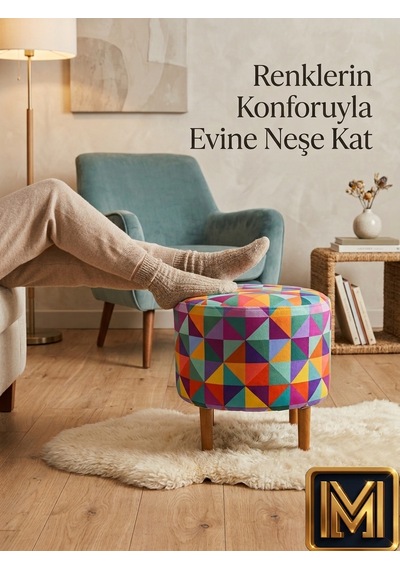 Diday Gökkuşağı Puf F Trend Puf Koltuk Puff Bench Dekoratif Bohem Doğal Gürgen Ayak Amaçlı Bahçe Balkon Çok Renkli