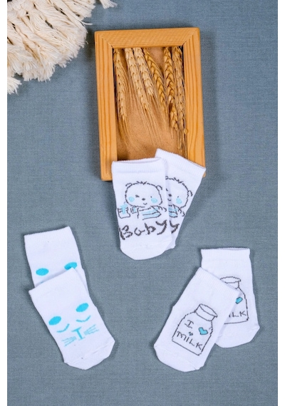 Cocole Socks Erkek Bebek Soket Çorabı 3 Lü Set Pamuklu Beyaz Sevimli Figür Desenli Çok Renkli