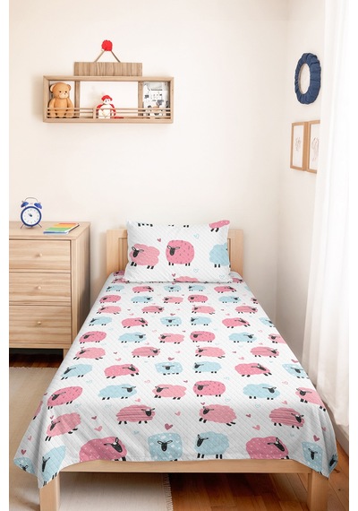 Evimde Bambaşka Pembe Mavi Kuzu Çocuk Odası Dekoratif Pike Takımı-sevimli Pudra Bebek Odası Yatak Örtüsü-160x220  CM