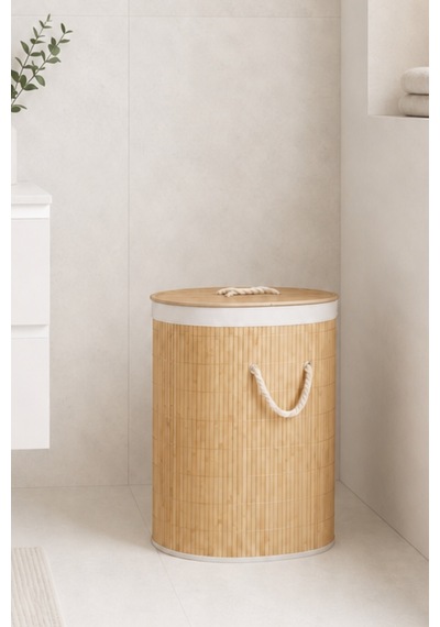 Bambu Oval Kirli Çamaşır Sepeti Katlanabilir Bambu Kirli Çamaşır Oyuncak Çok Amaçlı Sepet Açık Kahverengi
