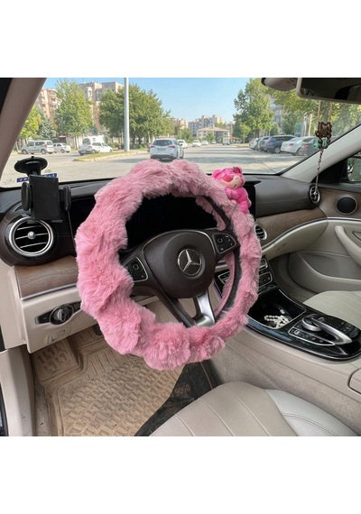Pembe Peluş Direksiyon Kılıfı Kadınlara Özel Tüylü Ayıcıklı Direksiyon Kılıfı