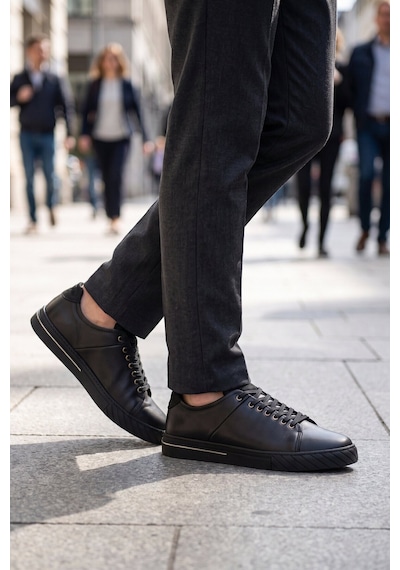 Ayakmod Siyah Hakiki Deri Bağcıklı Rahat Tabanlı Erkek Casual Ayakkabı Sneaker 165