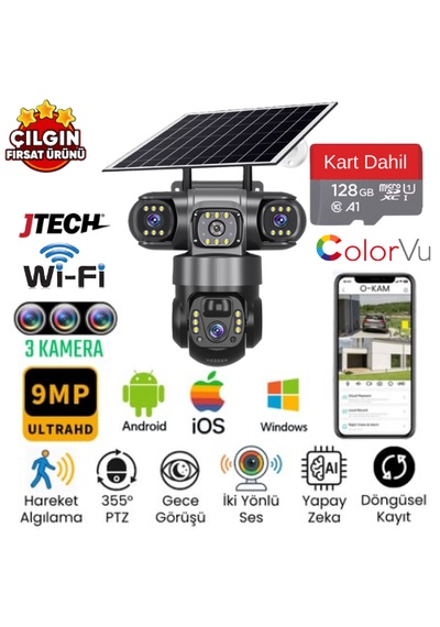 O-kam 6040 3mp+3mp+3mp 9mp Wi-fi Solar Panelli 3 Lens Alert Ptz Akllı Kamera + 128gb Sd Kart Dahil