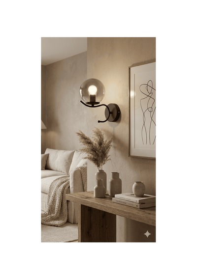 Merla Siyah Metal Tekli Füme Cam Pilli Aplik-minimalist Duvar Lambası-modern Duvar Aydınlatma Siyah-füme