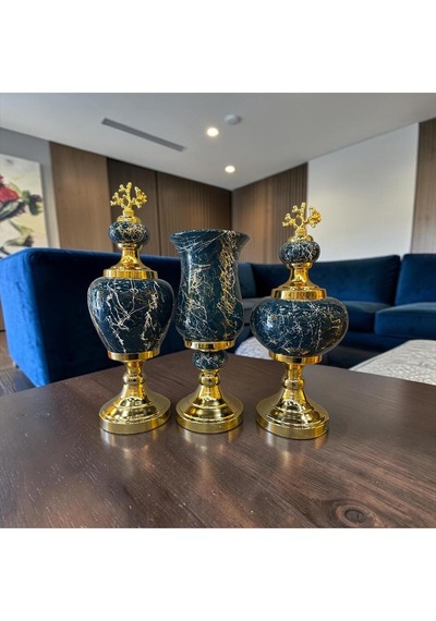 Sleep Nova Emerald Black Marble Gold Detaylı Üçlü Vazo ve Obje Seti