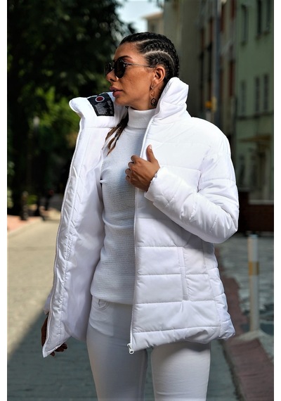 Keyifli Moda Kadın Beyaz Dik Yaka Uzun Şişme Mont
