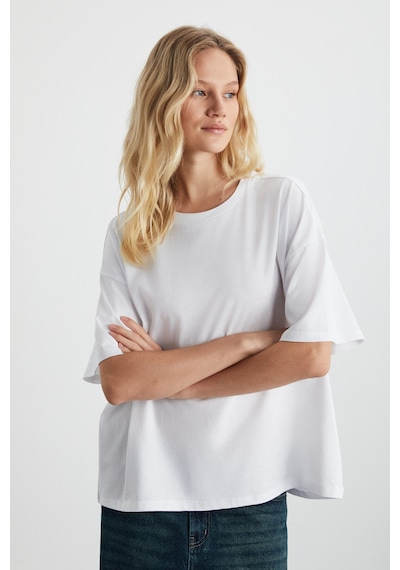 Grimelange Lagertha Kadın %100 Organik Pamuklu Kalın Dokulu Oversize Fit Yuvarlak Yakalı Beyaz T-shirt