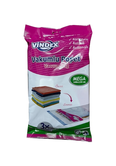 Tr Vindex Vakumlu Giyisi Yastık Yorgan Saklama Torbası Poşeti Hurç - Mega - 100x130 Cm. - 5 Paket