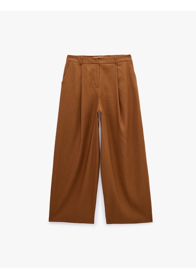 Koton Cepli Pile Detaylı Geniş Paça Baggy Keten Pantolon Kahverengi 6sak40409pw Kahve