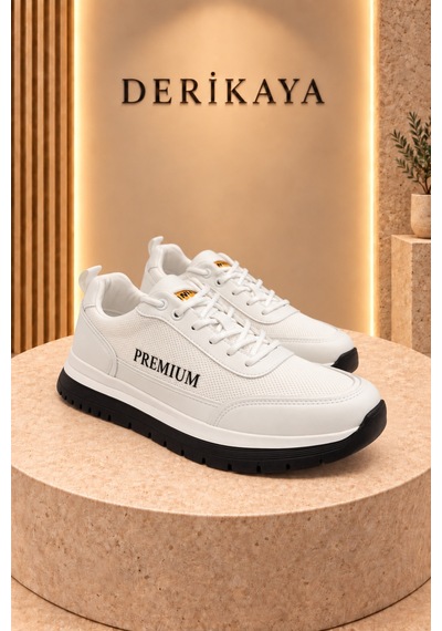 Deri Kaya Erkek Premium Kalın Taban Bağcıklı Günlük Sneaker Spor Ayakkabı Beyaz