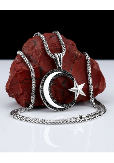 925 Ayar Gümüş Büyük Boy Zirkon Taşlı Ayyıldız Erkek Kolye