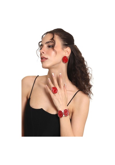Kadın Gümüş Renk Lak Kaplama Çivili Model Kırmızı Mineli Küpe &yüzük &bileklik Set Kırmızı