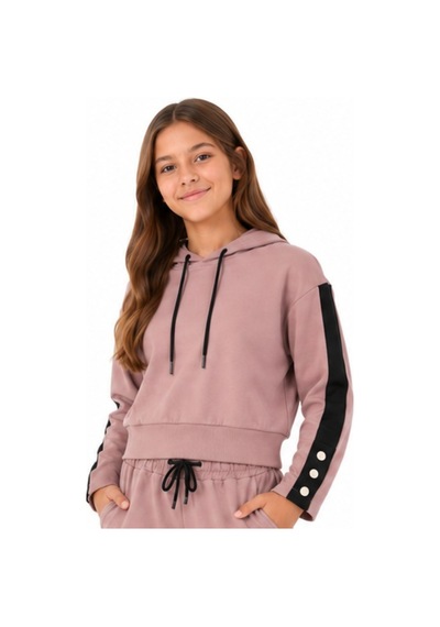 İrem Çocuk Giyim Kız Çocuk Kolu Şerit Detaylı Çıtçıt Modelli Kapüşonlu Pudra Renk Kısa Sweatshirt Pudra