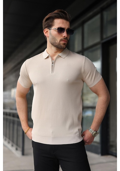 Madmext Taş Rengi Yarım Fermuarlı Polo Yaka Triko Erkek Tişört E7459 Taş