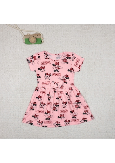 Momikon Minnie Mouse Kız Çocuk Kısa Kollu Pamuklu Elbise Pembe