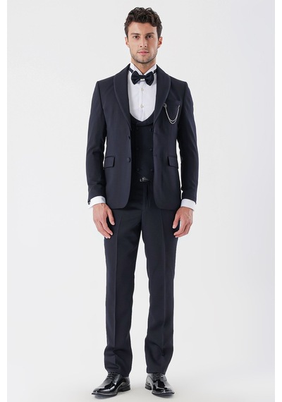 İmza Koyu Lacivert Desenli Armürlü Çıkarılabilir Şal Yaka Kruvaze 6 Drop Slim Fit Smokin Damatlık Takım 1001230214-Koyu Lacivert