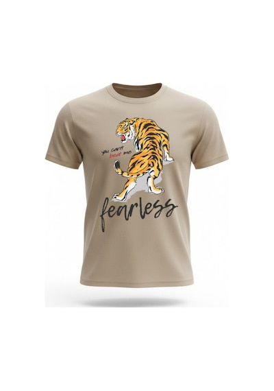 Urbantrendstore Unisex Siyah Kaplan Tiger Yazılı Oversize Fit Rahat Geniş Salaş T-shirt Günlük Tişört Bej