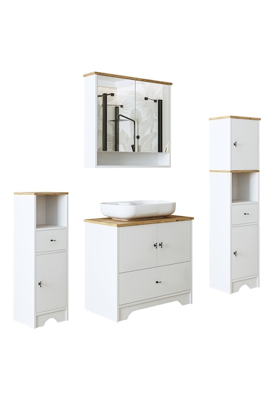Oval Lavabolu Mdf 80 Cm Çekmeceli Banyo Dolabı Atlantik Çam - Beyaz