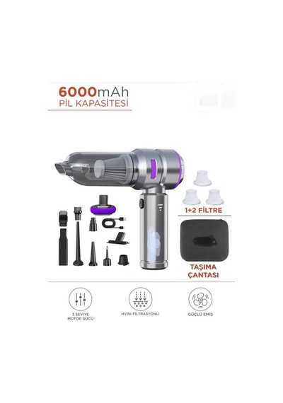 Siyah Kablosuz Araç İçi Süpürge 0-250 Watt 81-90 Dba 2 Yıl Garantili Şarjlı Model