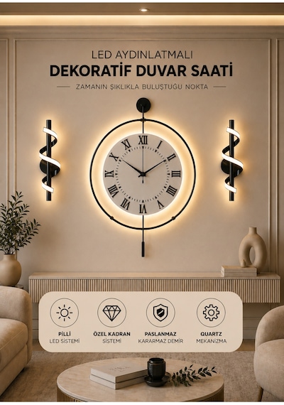 Siyah - Royal Kadran Exclusive - 3 Pil Ile Gelir Led Kristal - Modern Metal Duvar Saati