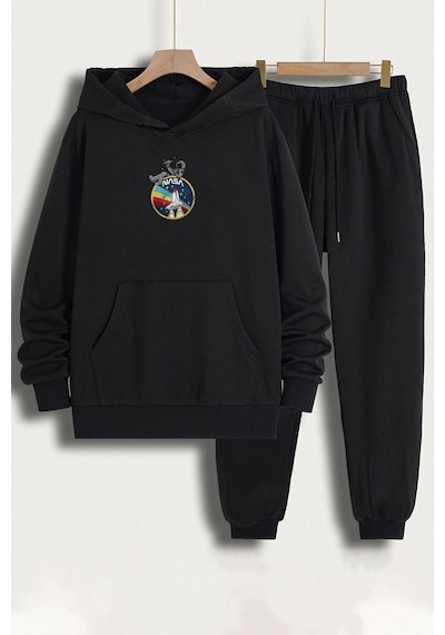 Uyguntarz Unisex Nasa Baskılı Eşofman Takımı Siyah