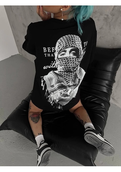 Kadın Kısa Kol Tişört Bisiklet Yaka Filistin Poşülü Baskılı T-shirt - Siyah Siyah