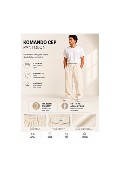 No Brand Rahat Lastikli Bol Pantolon Krem Krem