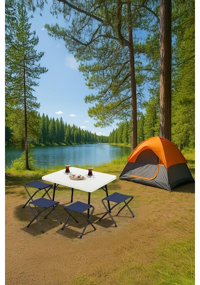 Exent 45x60 Cm Kamp Sehpası + 4 Adet Lacivert Tabure Piknik, Bahçe Sehpası Katlanır Sehpa-b-4l Çok Renkli