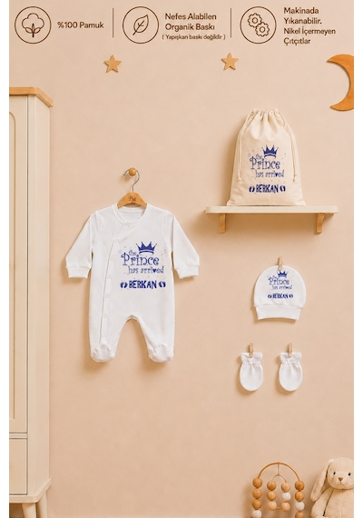 Pia Baby İsme Özel Erkek Bebek Tulum %100 Pamuk Organik Baskılı İsimli Bebek Tulumu Ham Bez Kıyafet Kesesi Bebek Hediye Seti 2033tk0x Krem