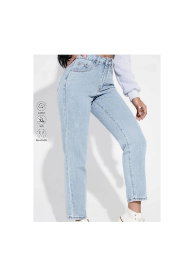 Kene Jeans Yüksek Bel Buz Kar Tam Kalıp Mom Jeans Buz Kar