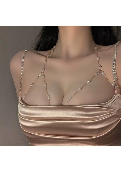 Gilda Kadın Inci Taşlı Vücut Zinciri - Göğüs Vücut Aksesuarı Gold