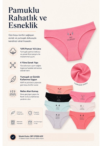 Sebatingo Kadın Renkli 7 Gün Pamuklu Likralı Külot 37000-659 Renkli
